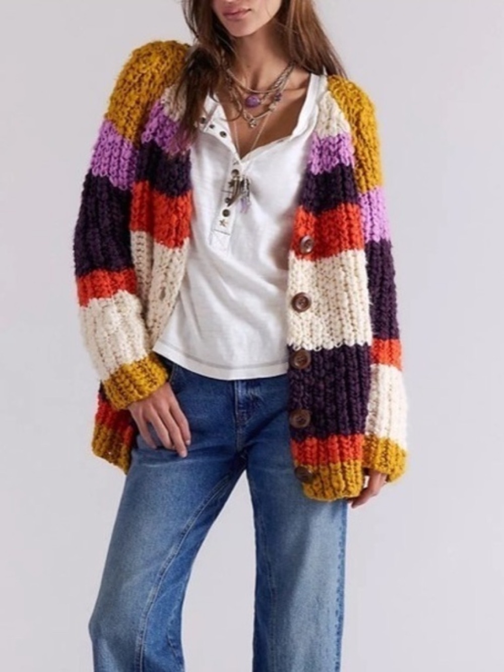 NWT!! FREE PEOPLE Myles Stripe Cardi Chunky Knit Cardigan Sweater